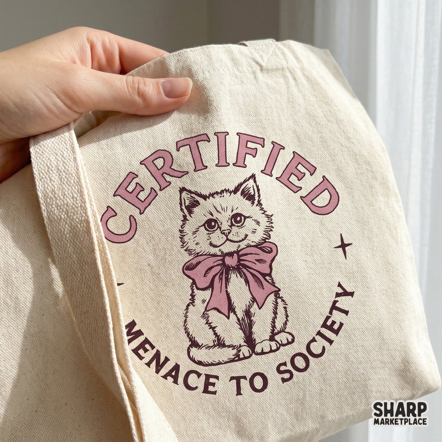 Certified menace to society funny kitten graphic with a pink bow in a trendy y2k retro coquette png style