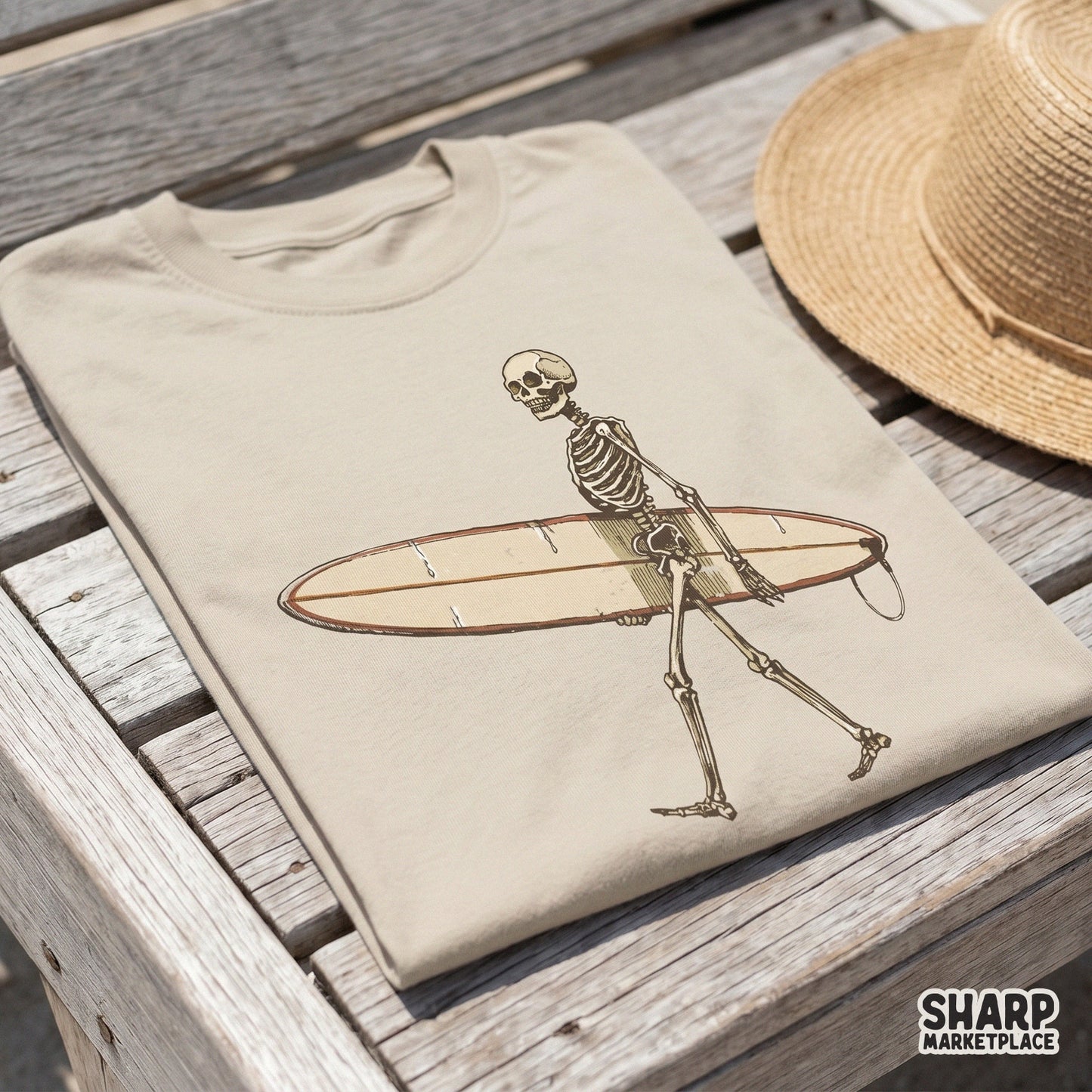 Moody coastal skeleton carrying a surfboard, a versatile digital design for gothic summer apparel, DIY gifts, and unique beach-themed prints.