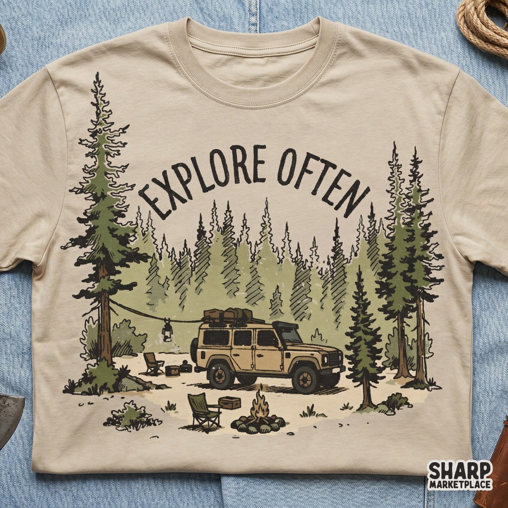 Digital illustration of a serene forest campsite with a vintage SUV and campfire, available as a high-resolution PNG for DIY outdoor projects.