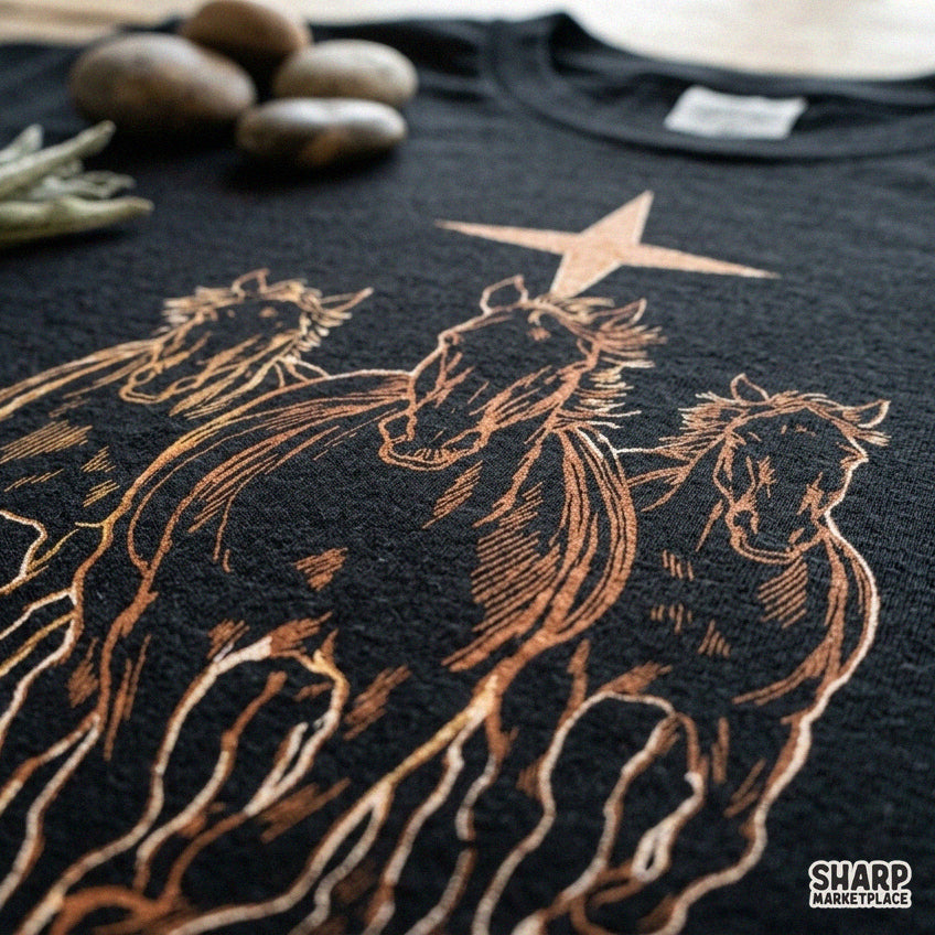 Three galloping stallions under a bright star in a classic western style PNG design for cowboy shirt sublimation