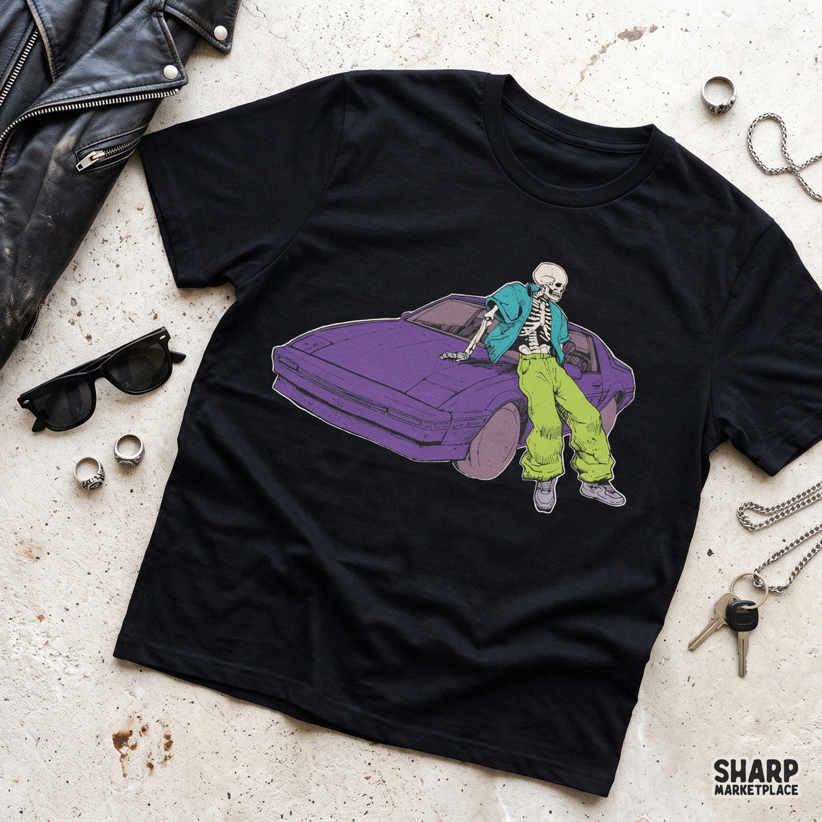 Cool Streetwear Skeleton Leaning On Purple Sports Car