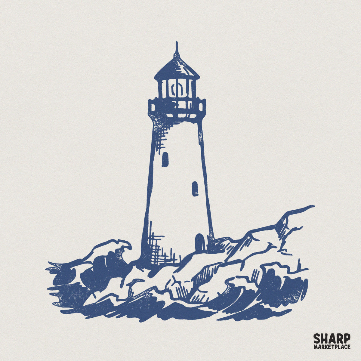 Vintage lighthouse sketch in deep blue ink, featuring a tall beacon surrounded by crashing ocean waves and rugged rocks, ideal for nautical apparel.