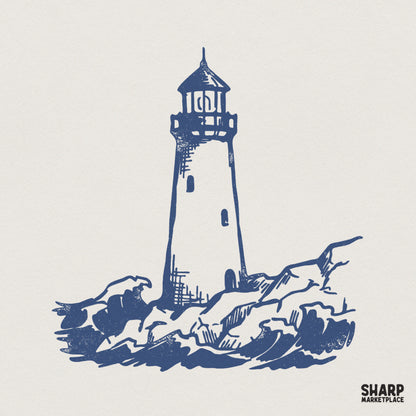 Vintage lighthouse sketch in deep blue ink, featuring a tall beacon surrounded by crashing ocean waves and rugged rocks, ideal for nautical apparel.