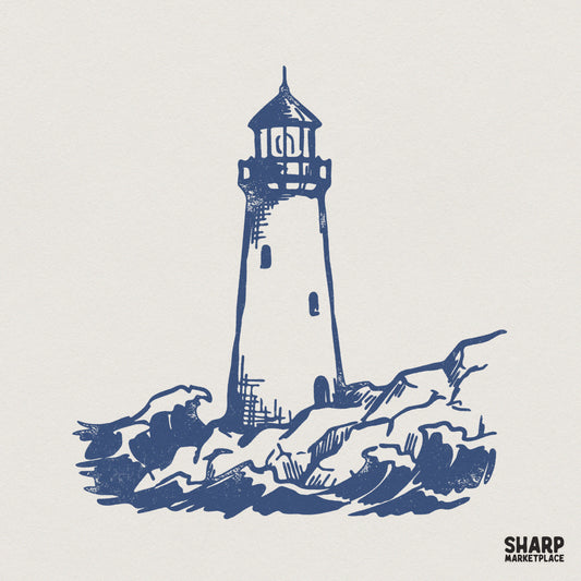 Vintage lighthouse sketch in deep blue ink, featuring a tall beacon surrounded by crashing ocean waves and rugged rocks, ideal for nautical apparel.