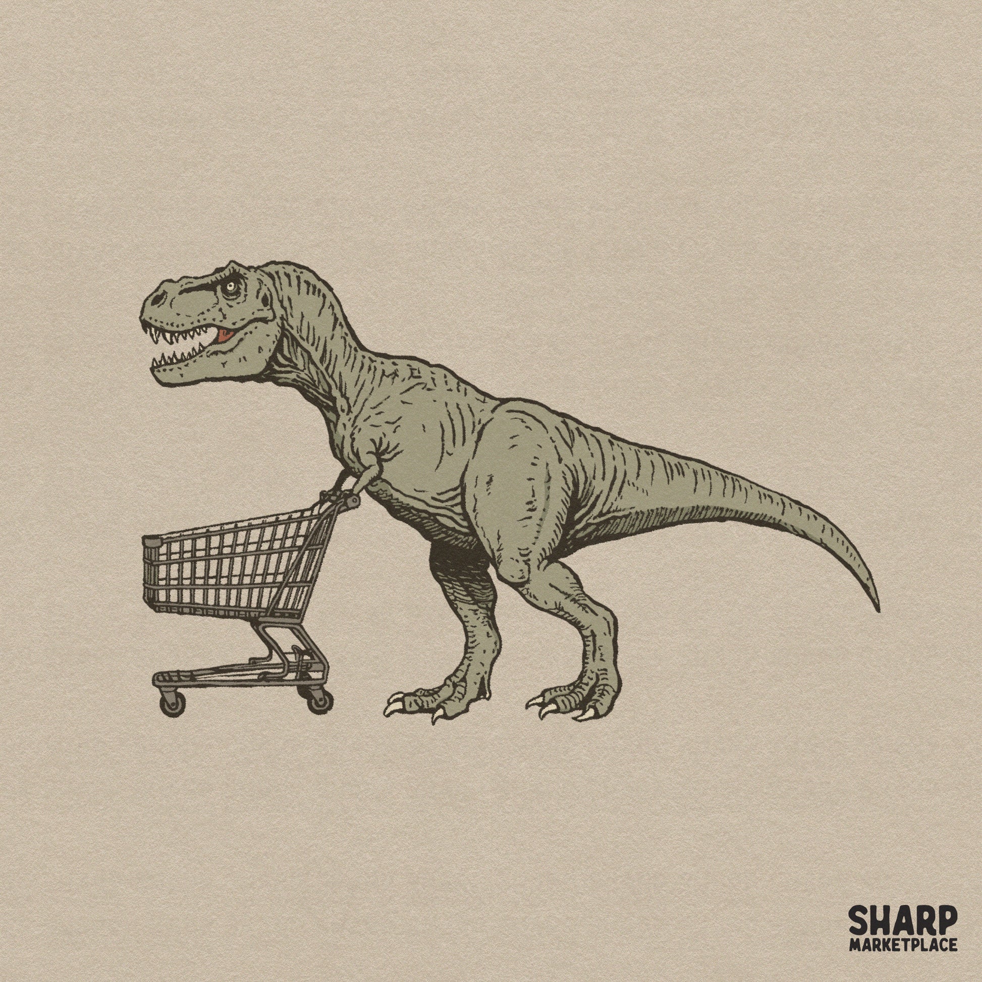 Funny retro T-Rex pushing a shopping cart design for sarcastic animal memes shirt sublimation and dtf printing
