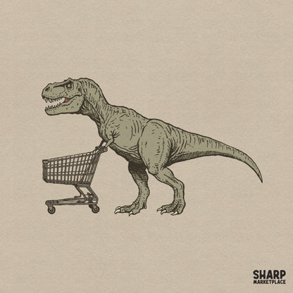 Funny retro T-Rex pushing a shopping cart design for sarcastic animal memes shirt sublimation and dtf printing