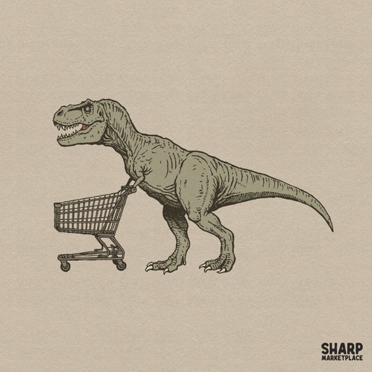 Funny retro T-Rex pushing a shopping cart design for sarcastic animal memes shirt sublimation and dtf printing