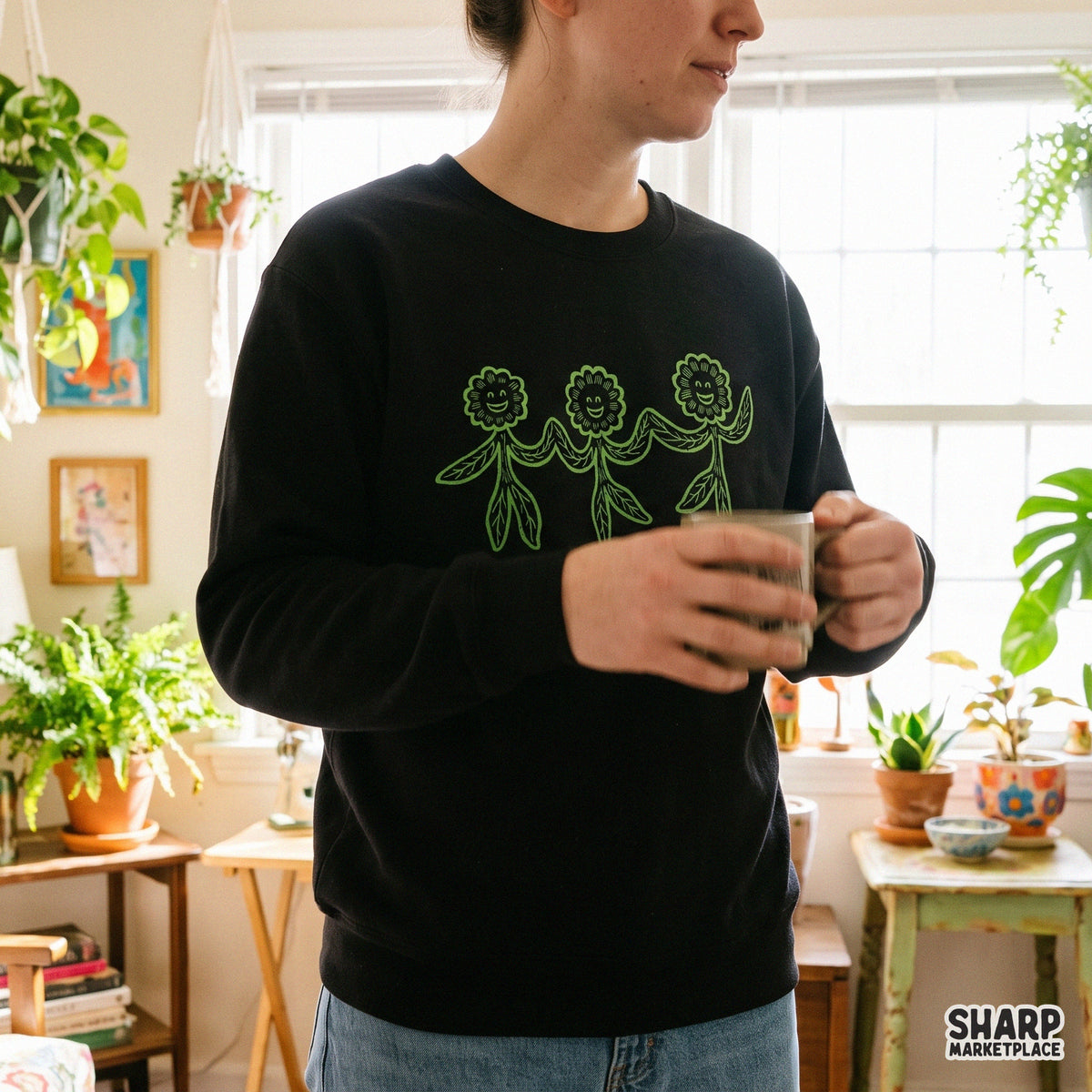 Three happy dancing green plants illustration in retro 70s style for spring shirt and tumbler sublimation designs
