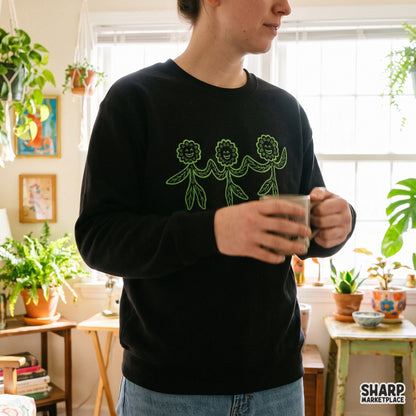 Three happy dancing green plants illustration in retro 70s style for spring shirt and tumbler sublimation designs