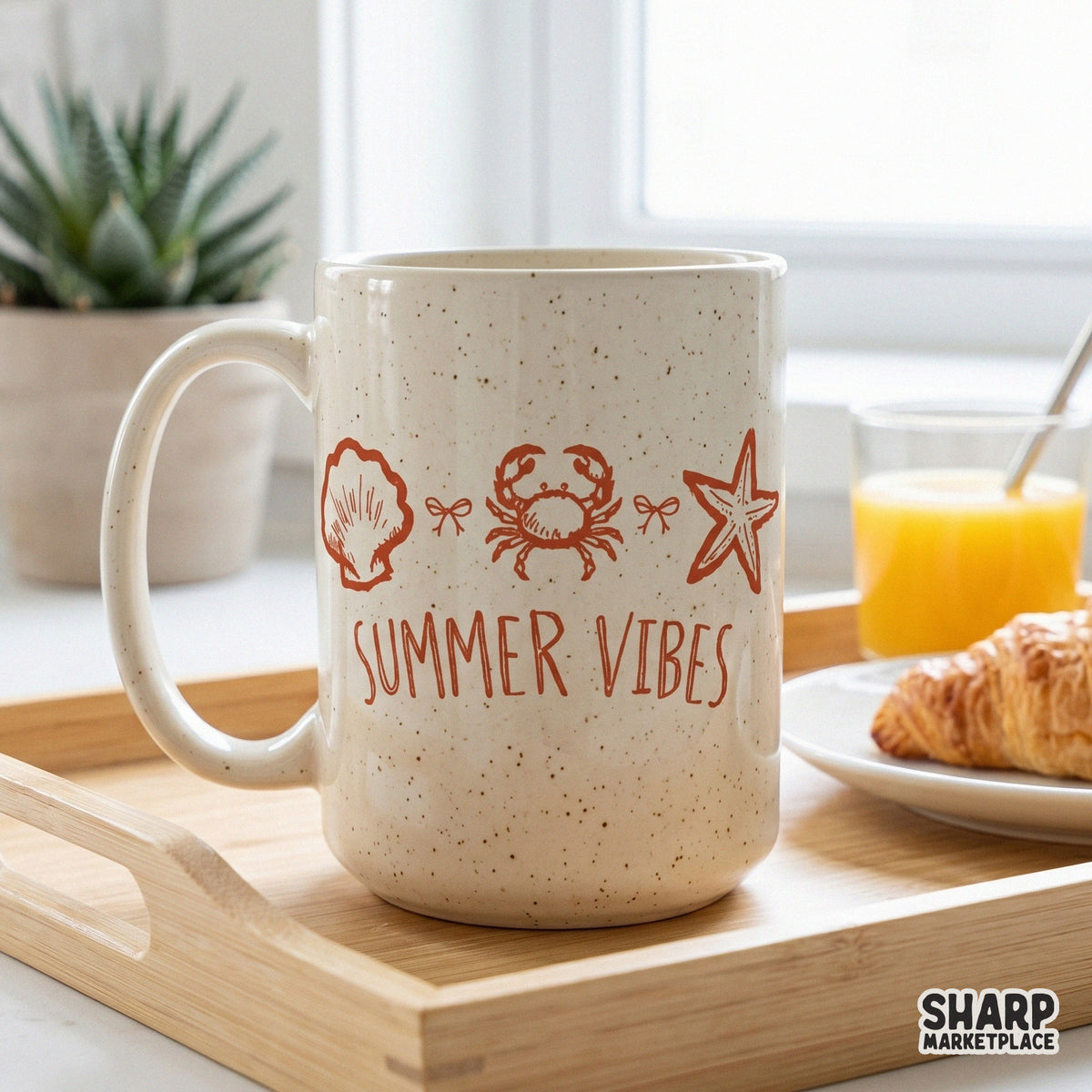 Trendy coastal aesthetic digital download with a hand-drawn shell, crab, and starfish, featuring the text Summer Vibes in a thin retro serif font.