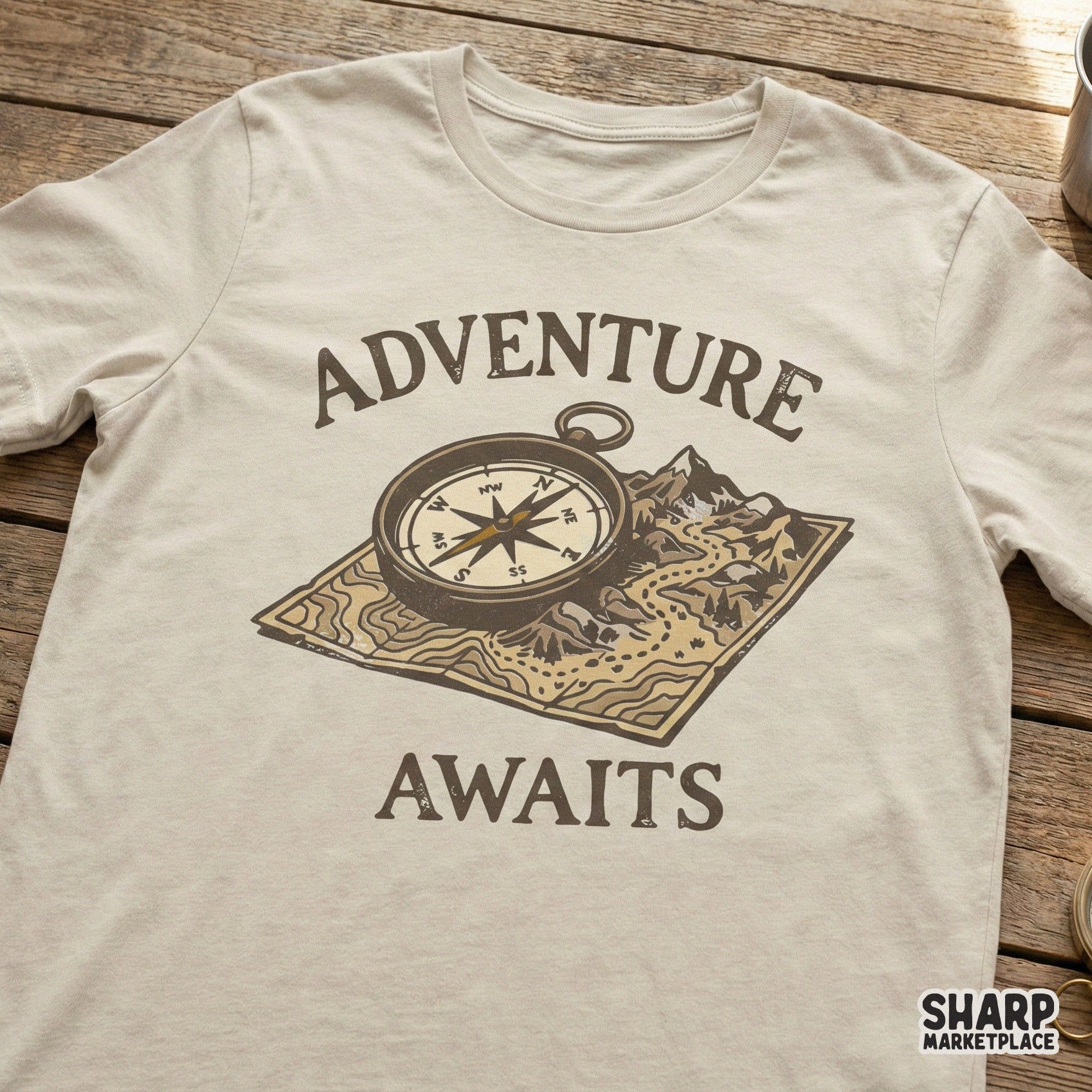 Adventure Awaits Compass Map Shirt, Retro Hiking T-Shirt - 300 DPI Design