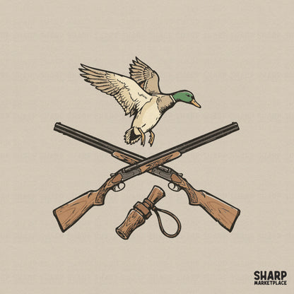 Vintage mallard duck in flight above crossed double-barrel shotguns and a wooden duck call, rendered in a rustic, distressed illustrative style.