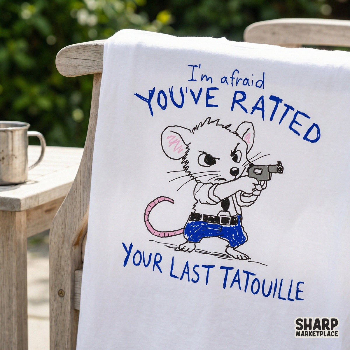 High-resolution digital art of a tough mouse character brandishing a weapon with the witty phrase I am afraid you have ratted your last tatouille for print