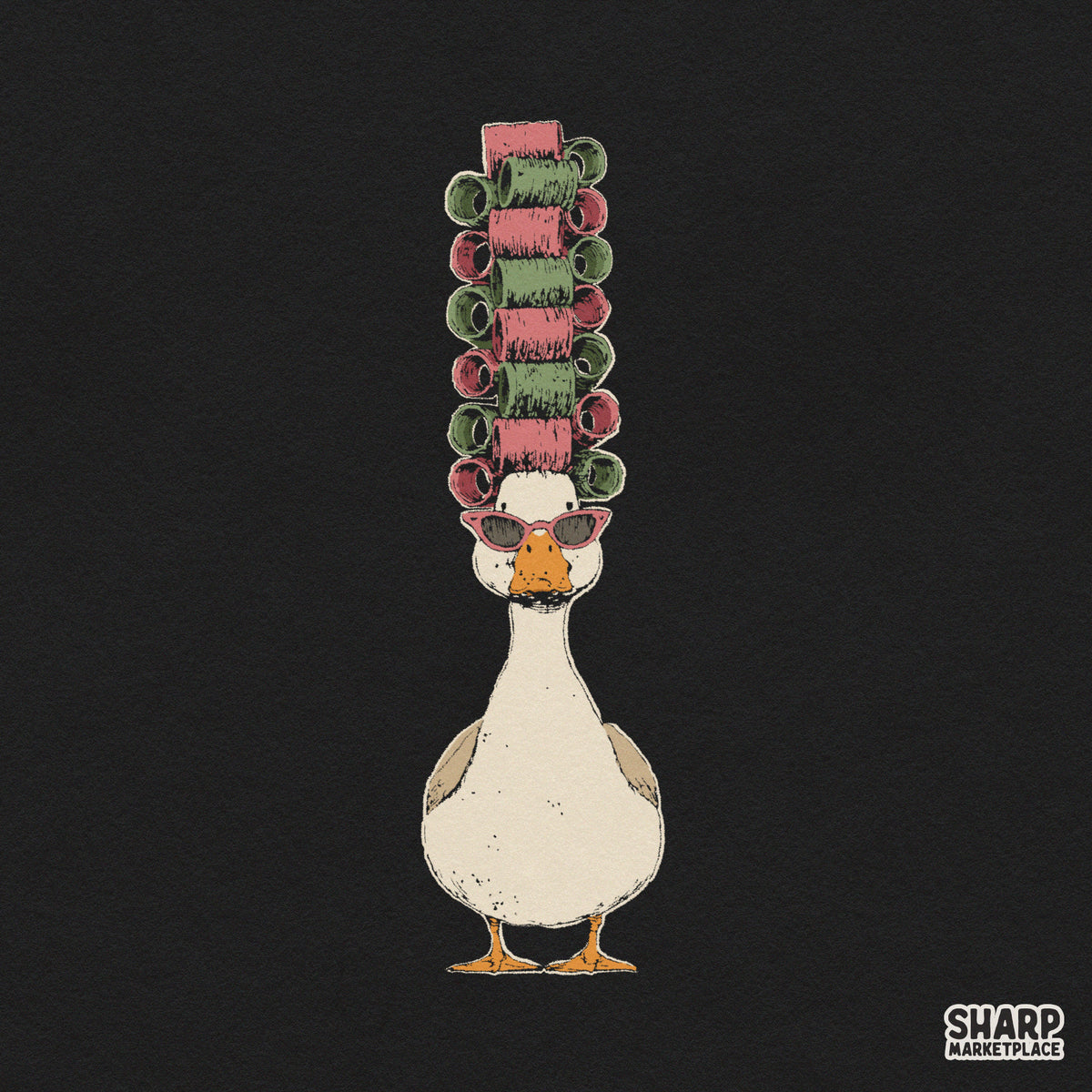 Sassy goose wearing hair curlers and pink sunglasses retro spa day graphic for sublimation and t-shirt prints