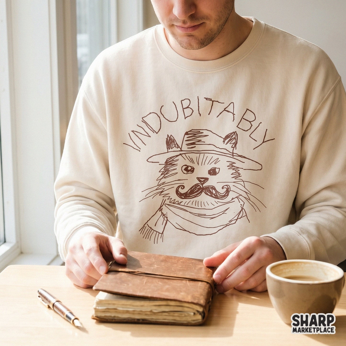 Beige sweatshirt featuring a brown sketch of a dapper cat with a mustache, top hat, and scarf, with the text Indubitably written in a playful font.
