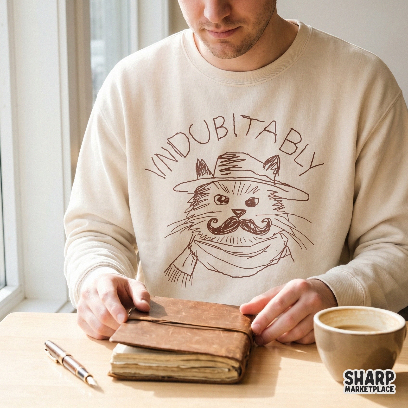 Beige sweatshirt featuring a brown sketch of a dapper cat with a mustache, top hat, and scarf, with the text Indubitably written in a playful font.