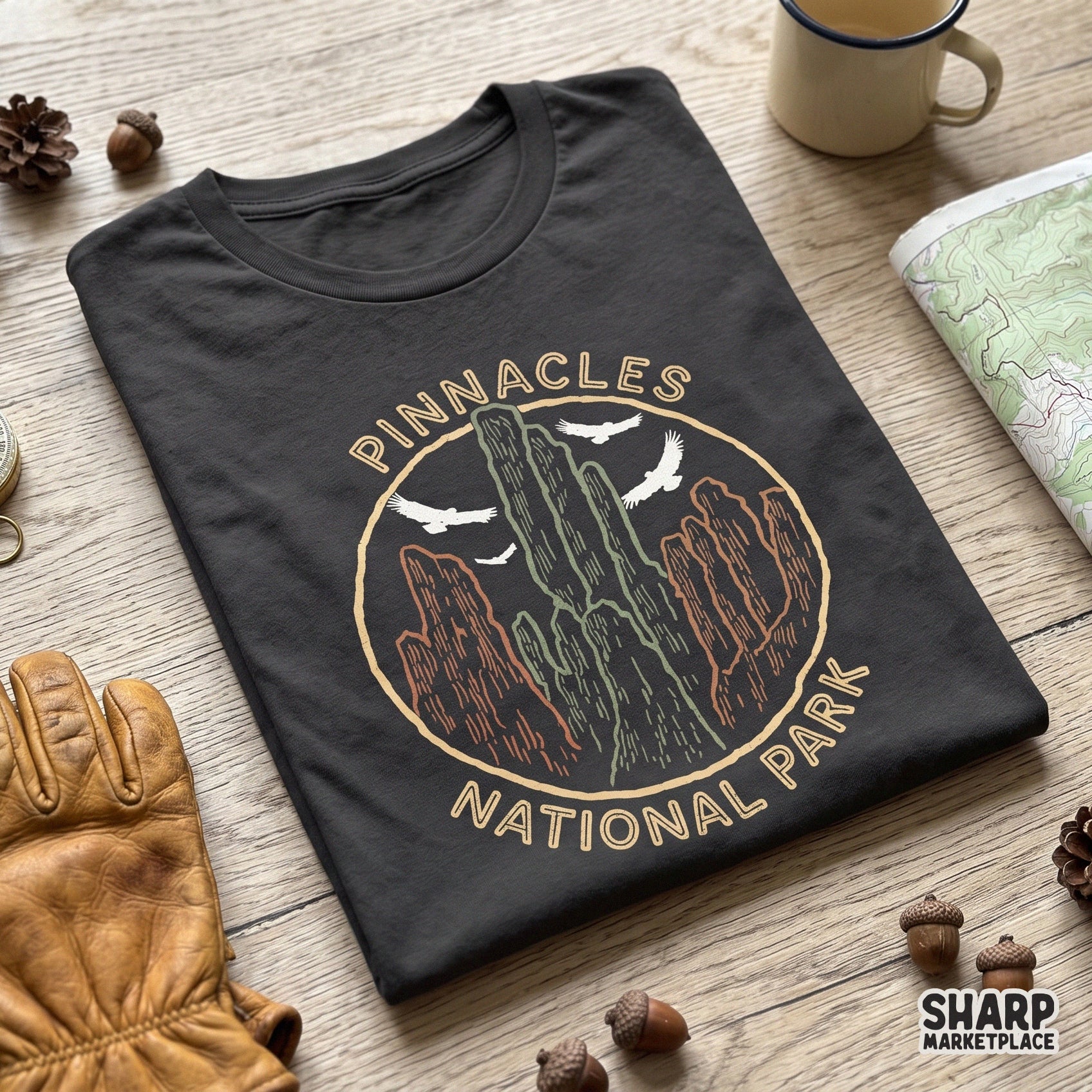 Retro vintage eagle illustration for Pinnacles National Park camping shirts and sublimation crafts