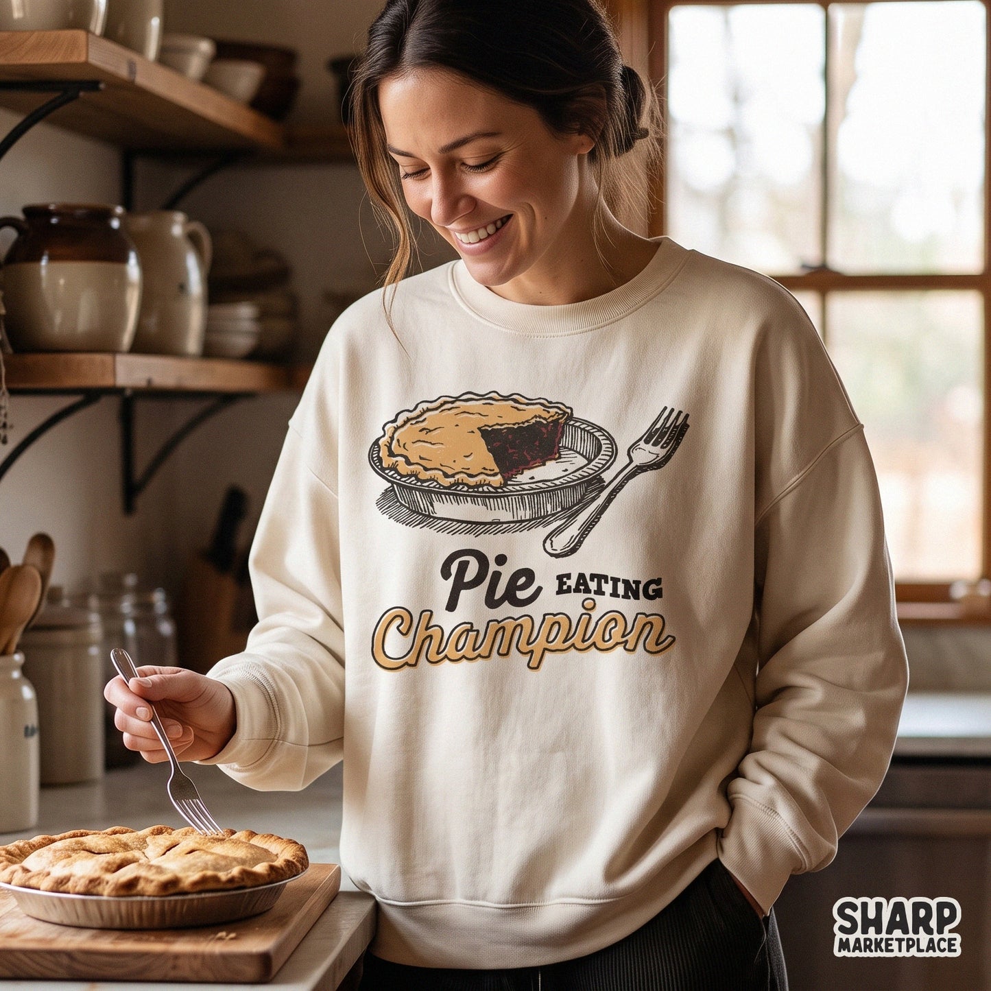 Retro pie eating champion design for funny Thanksgiving shirts and fall themed digital sublimation projects