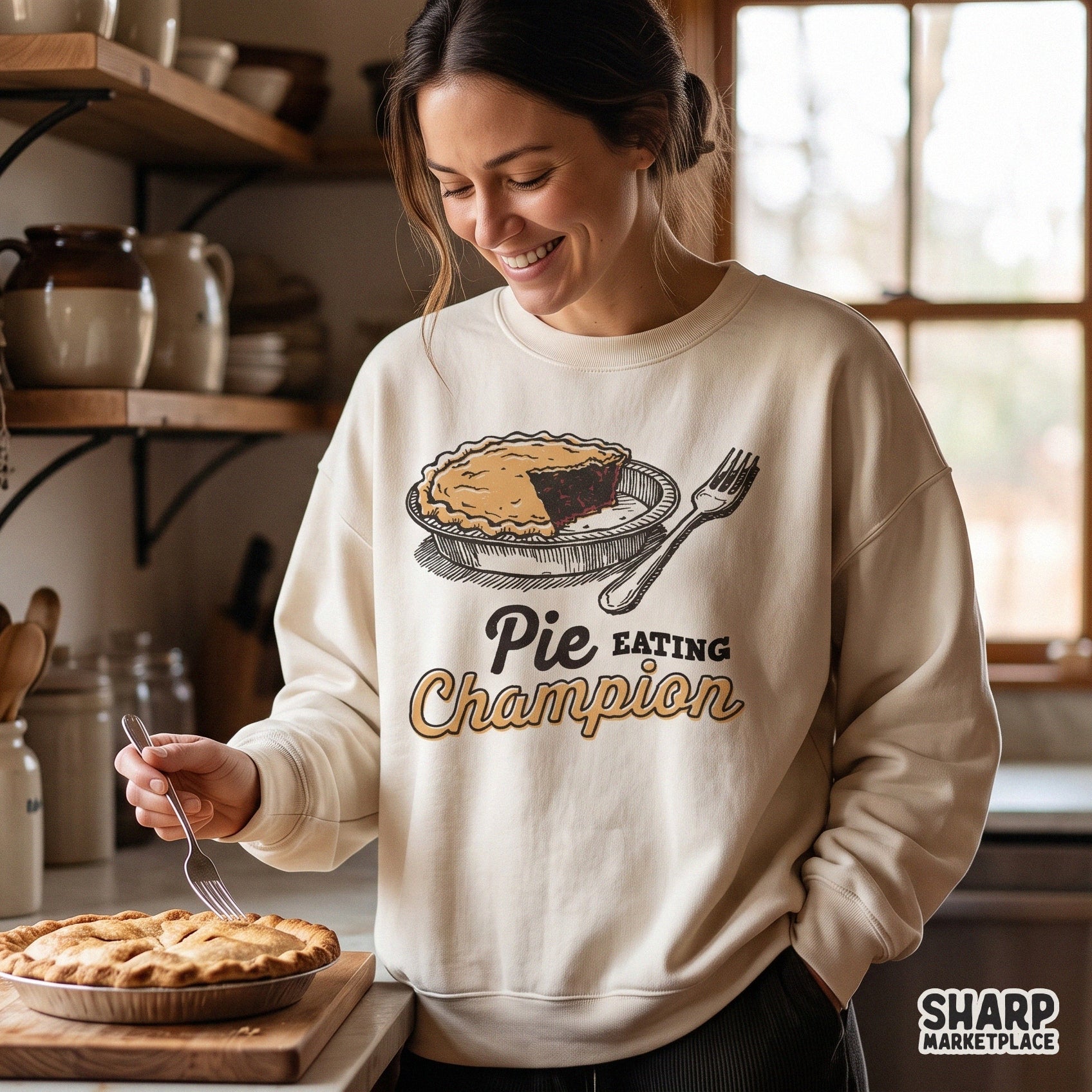 Retro pie eating champion design for funny Thanksgiving shirts and fall themed digital sublimation projects