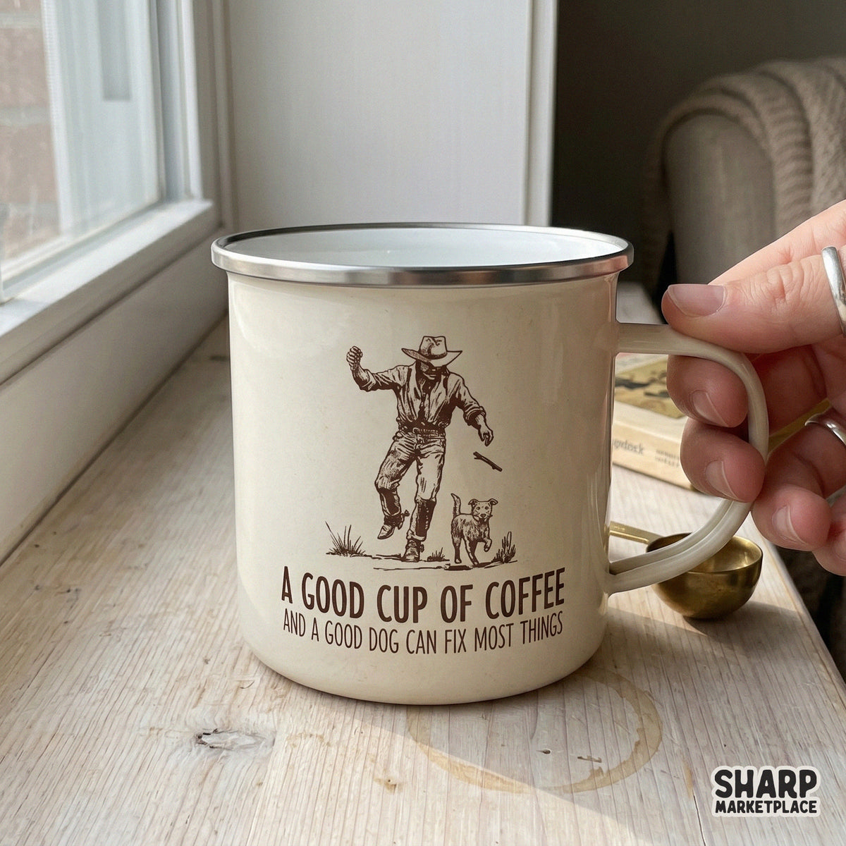 Hand-drawn western style PNG graphic featuring a cowboy, his dog, and inspirational text about coffee, ideal for custom apparel and DIY projects.