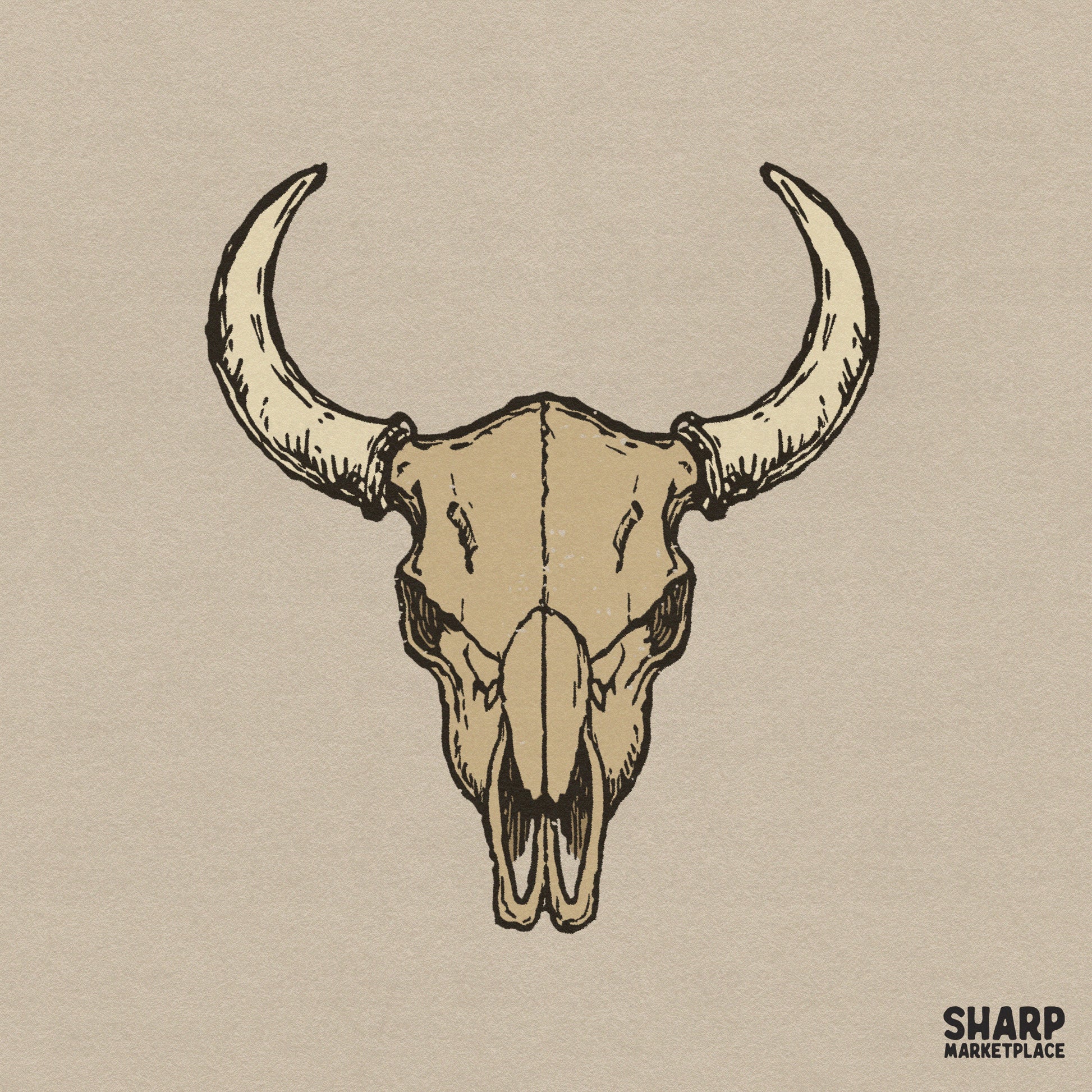 Vintage bull skull horns sketch for western desert aesthetic shirts and country style sublimation designs