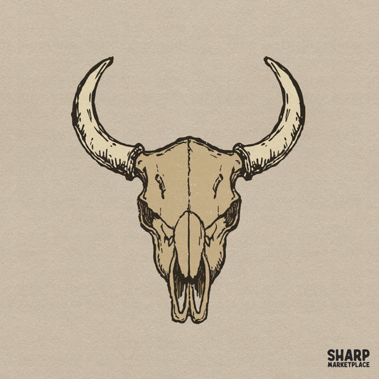 Vintage bull skull horns sketch for western desert aesthetic shirts and country style sublimation designs