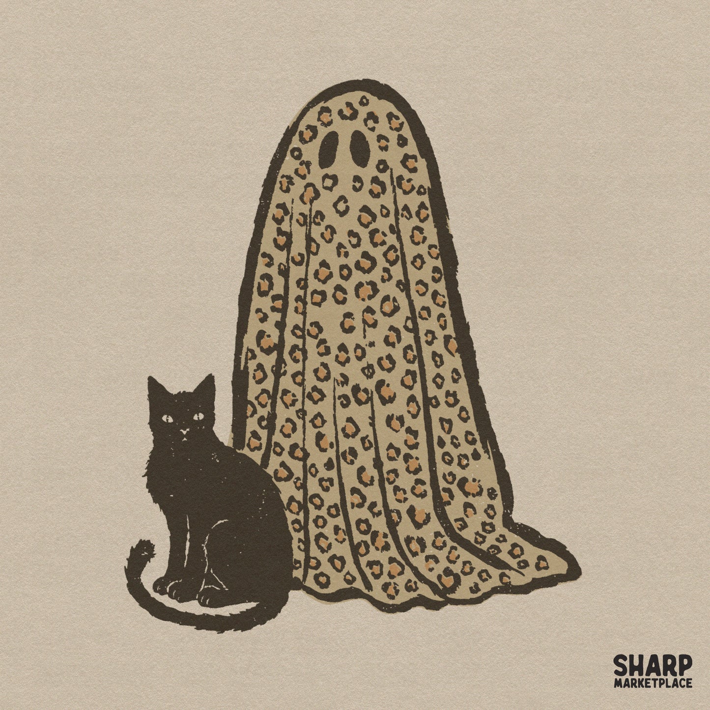 Cute leopard print ghost with black cat graphic for retro spooky season shirts and Halloween sublimation designs
