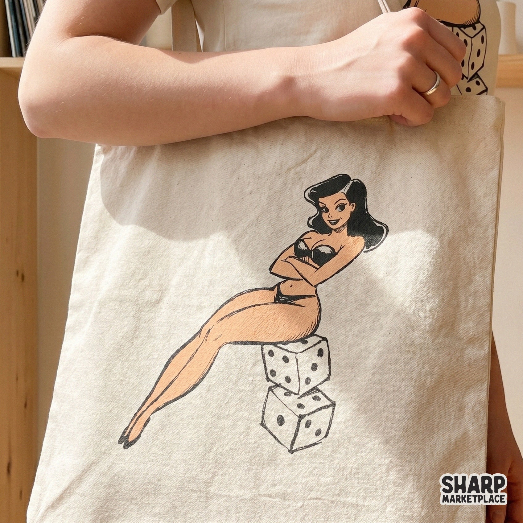 Retro pinup girl sitting on dice with vintage glamour style for a Valentine PNG shirt design and casino crafts