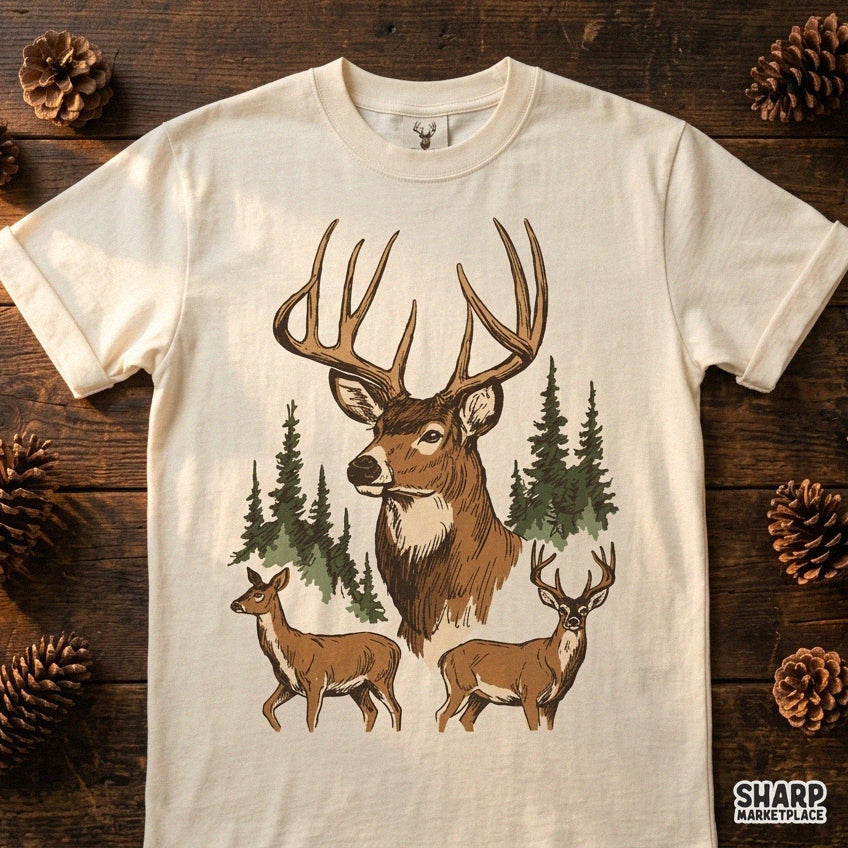 Vintage buck and deer in pine forest sublimation design for fall hunting apparel and nature t-shirts