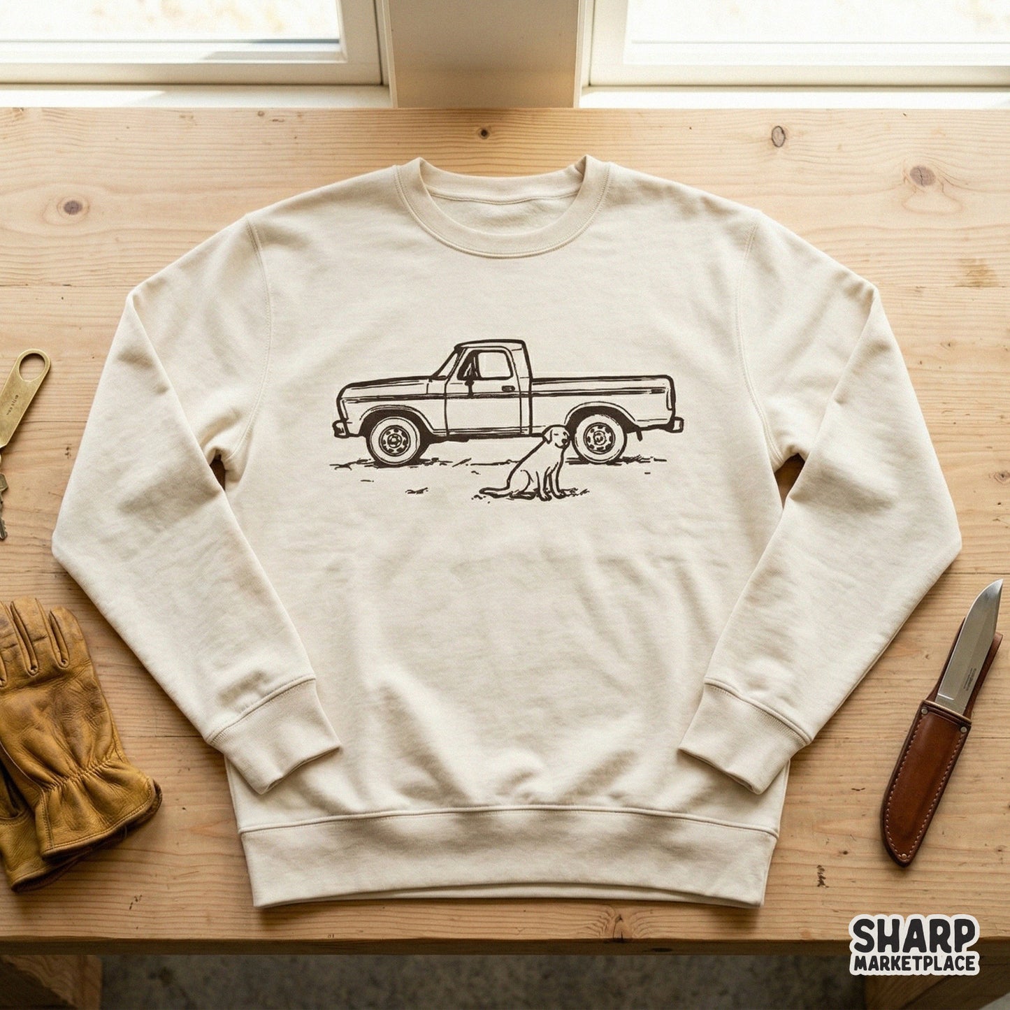 Detailed black ink sketch of a vintage ranch truck and a sitting dog, designed as a high-resolution transparent PNG for DIY crafts and stickers.