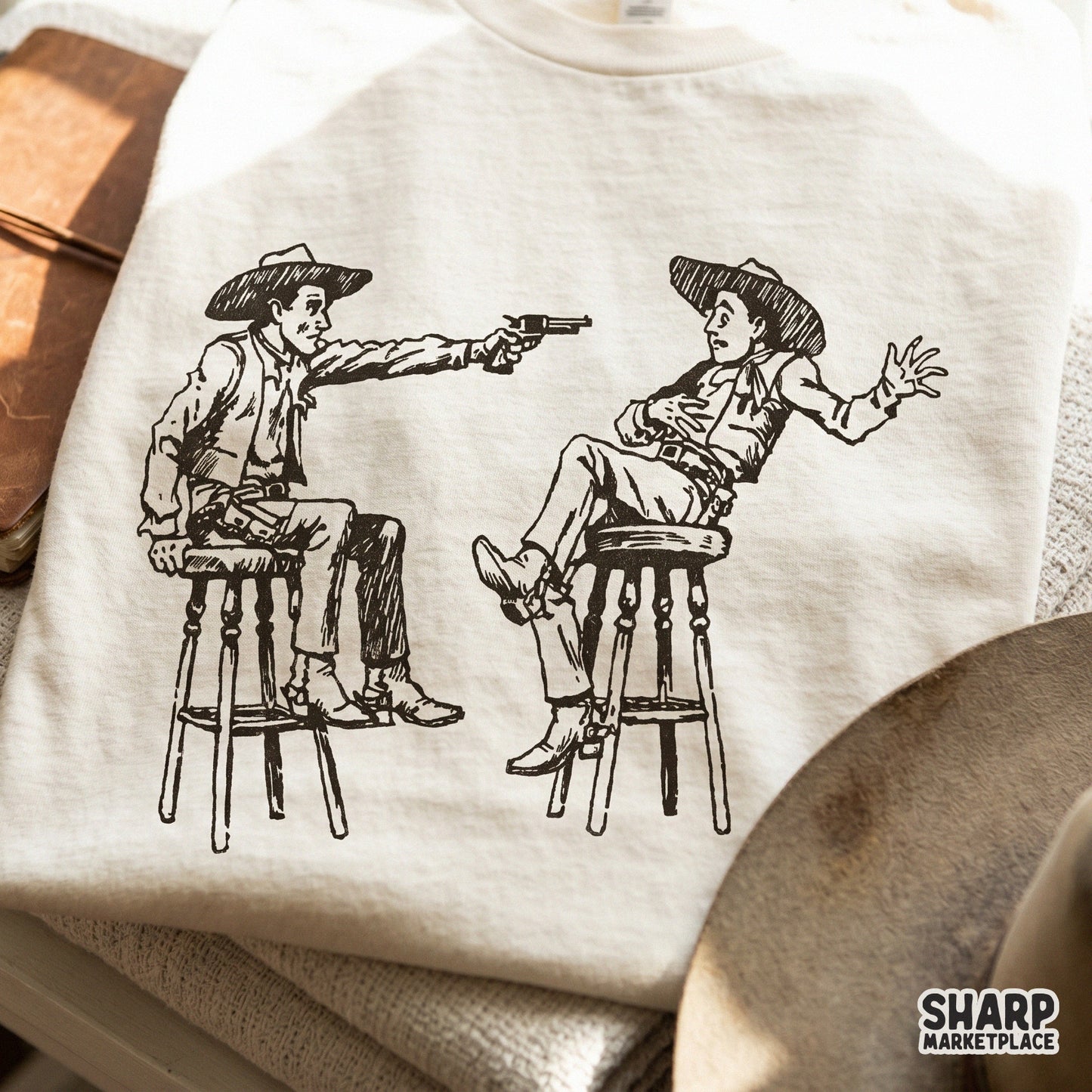 Monochromatic western saloon duel digital design, suitable for DIY apparel, wall art, and trendy retro-inspired print-on-demand projects.