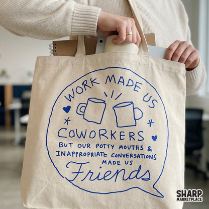 Blue line art graphic for DIY projects featuring a witty message about work friends and potty mouths, suitable for printing on tumblers or gifts.
