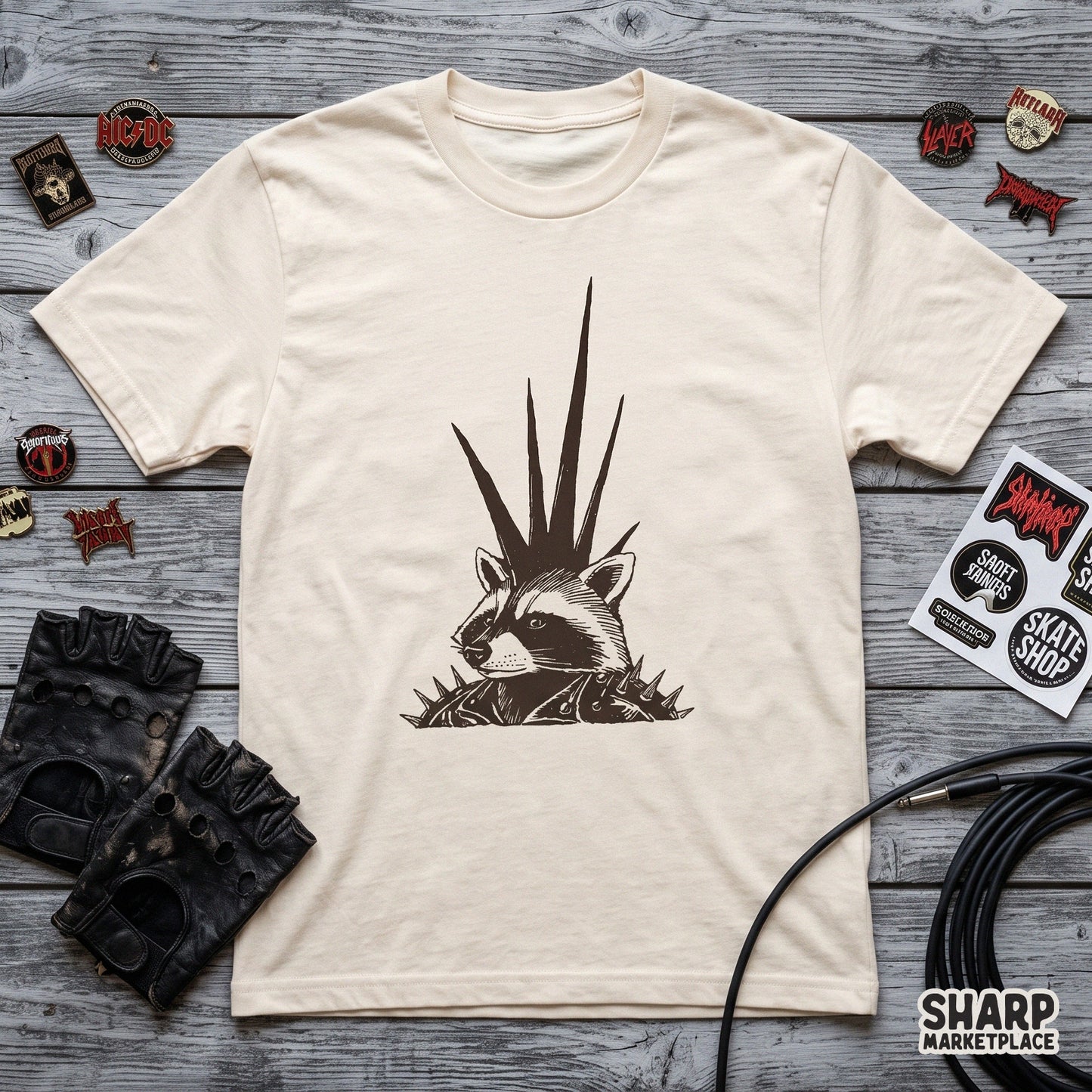 Edgy punk raccoon in spiked leather jacket streetwear graphic for animal lovers t-shirt sublimation png