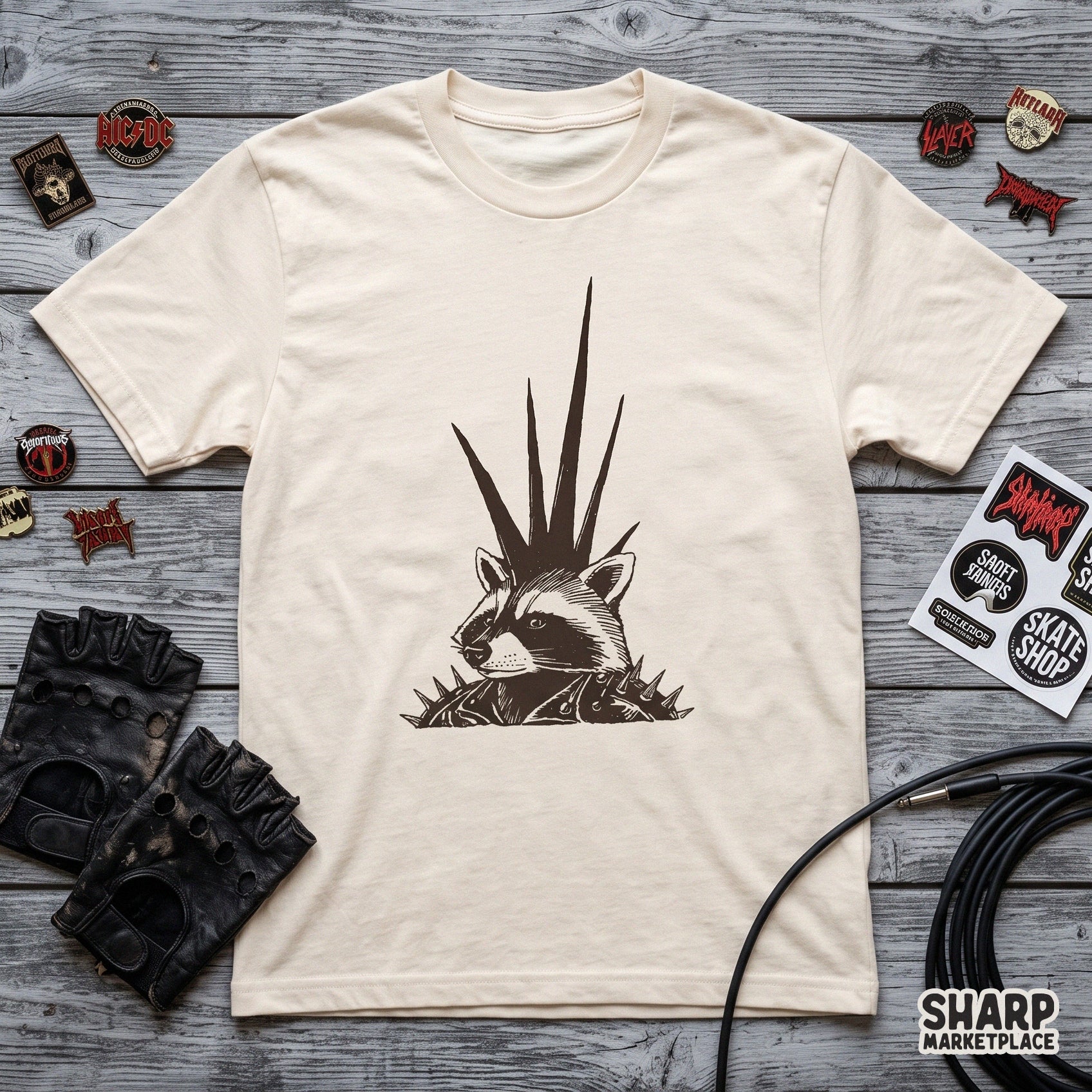 Edgy punk raccoon in spiked leather jacket streetwear graphic for animal lovers t-shirt sublimation png