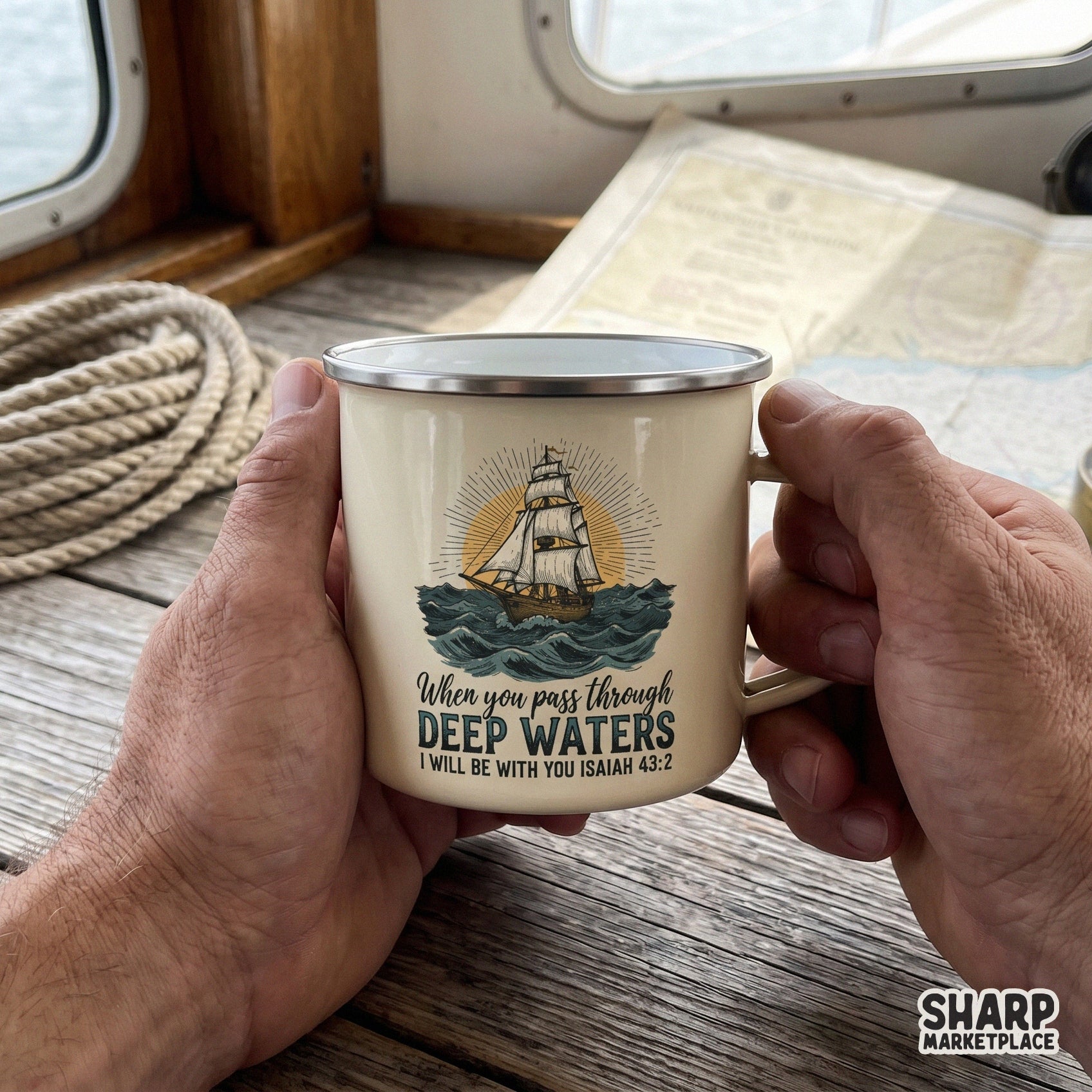 Vintage ship art with Isaiah 43 2 bible verse for Christian t-shirt sublimation and faith shirt designs