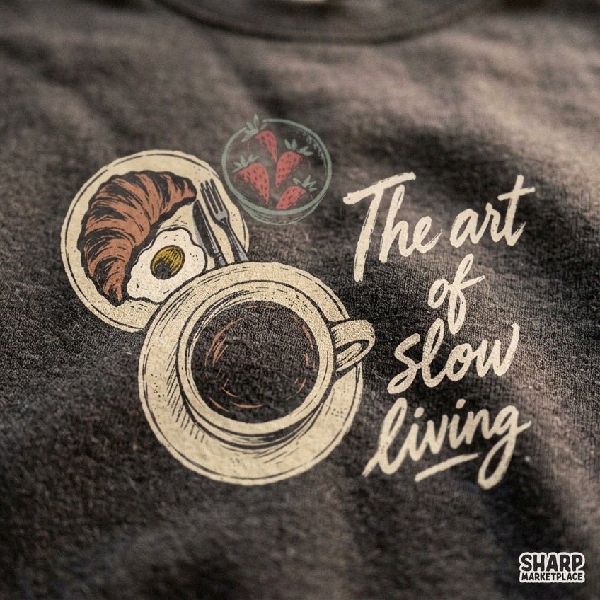 Aesthetic slow living coffee cup and croissant breakfast design PNG for cozy season shirts and sublimation printing