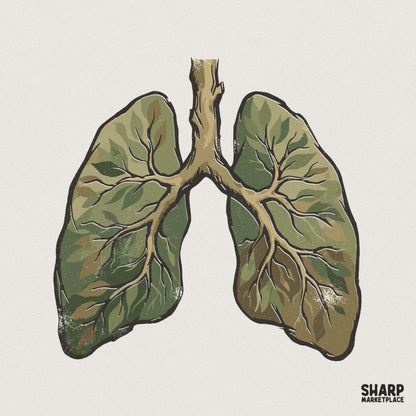 Botanical lungs digital design featuring human respiratory anatomy reimagined as lush green leaves with earthy brown branches on a light background.