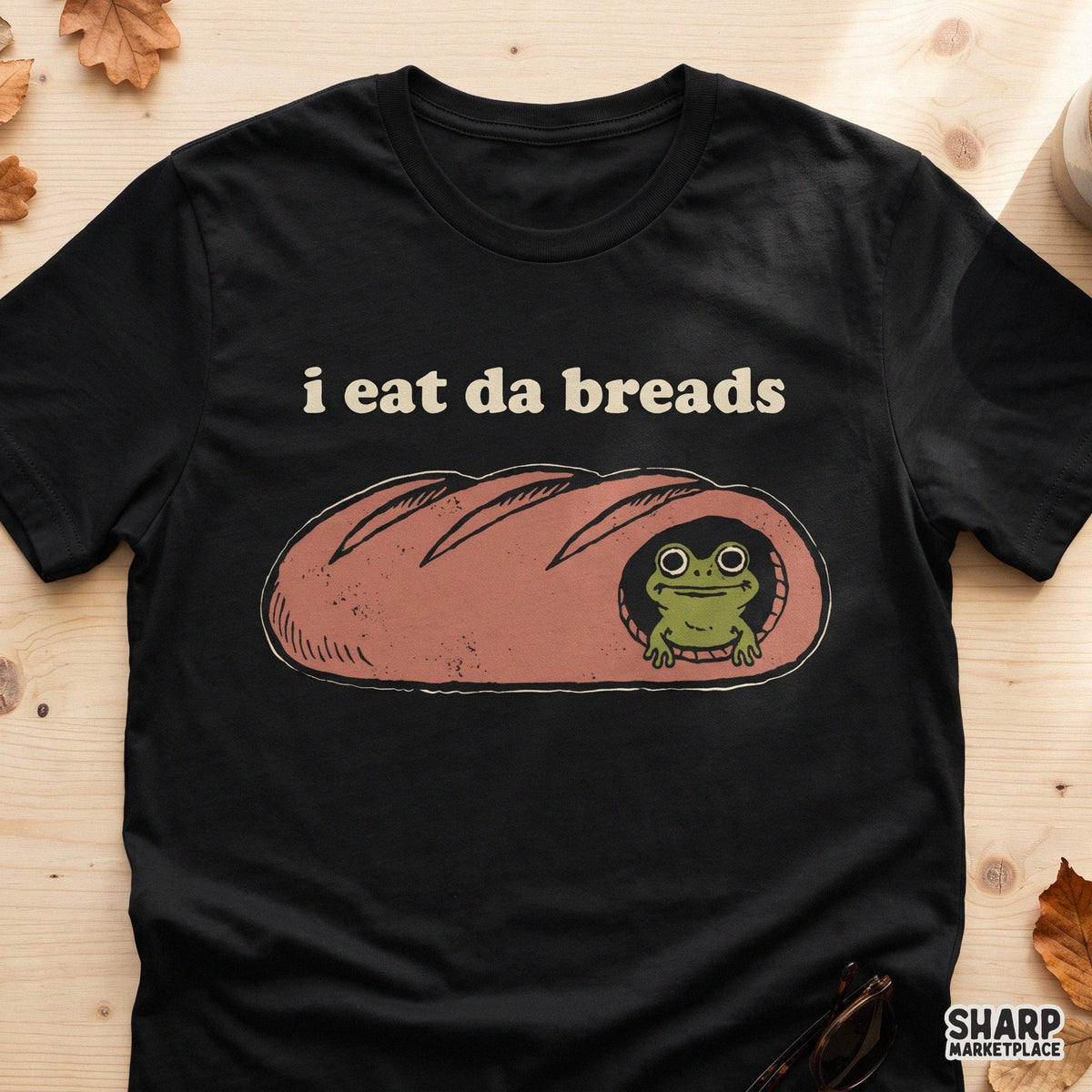 Funny frog in a baguette loaf design perfect for bread lover shirts, stickers, and whimsical sublimation PNG projects