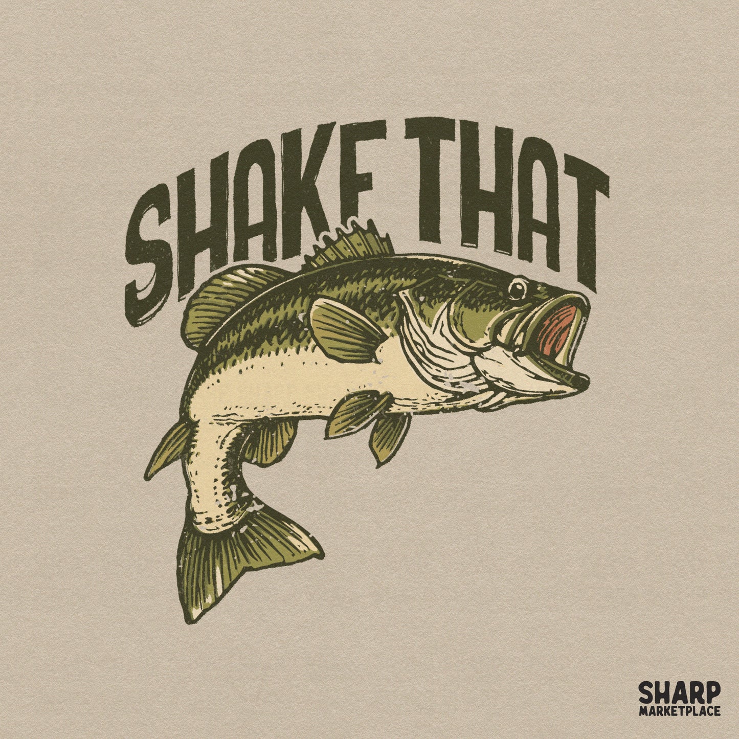Vintage style fishing design featuring a jumping largemouth bass and the words Shake That in distressed green block letters for apparel printing.