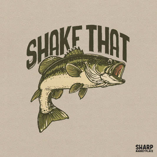 Vintage style fishing design featuring a jumping largemouth bass and the words Shake That in distressed green block letters for apparel printing.