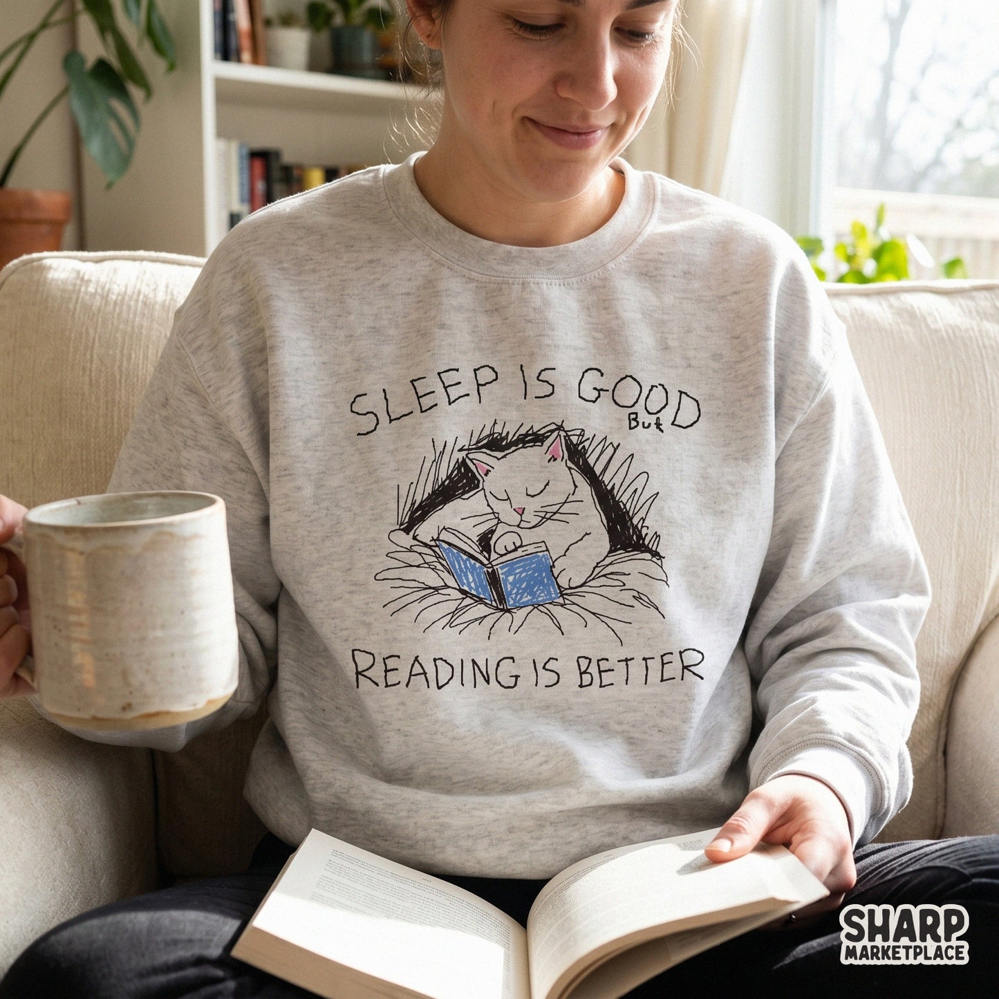 Sleep Is Good Reading Is Better Cat Book Sketch, PNG Designs For Shirt