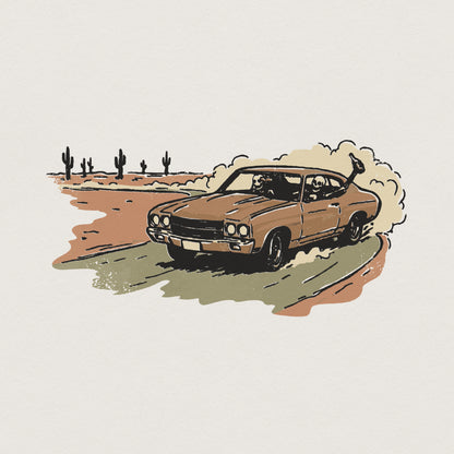 Desert Drive Classic Car PNG, Vintage Roadtrip Art - 300 DPI Design for