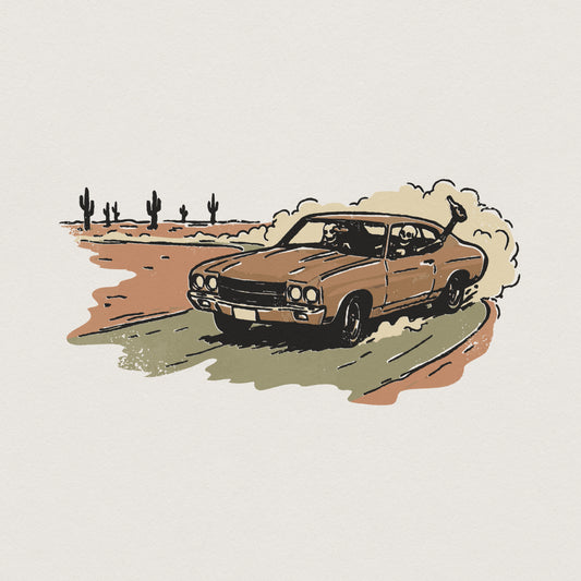 Desert Drive Classic Car PNG, Vintage Roadtrip Art - 300 DPI Design for