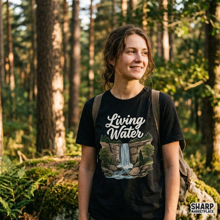 Retro living water John 4 10 Christian PNG graphic with a waterfall nature design for t-shirts and sublimation