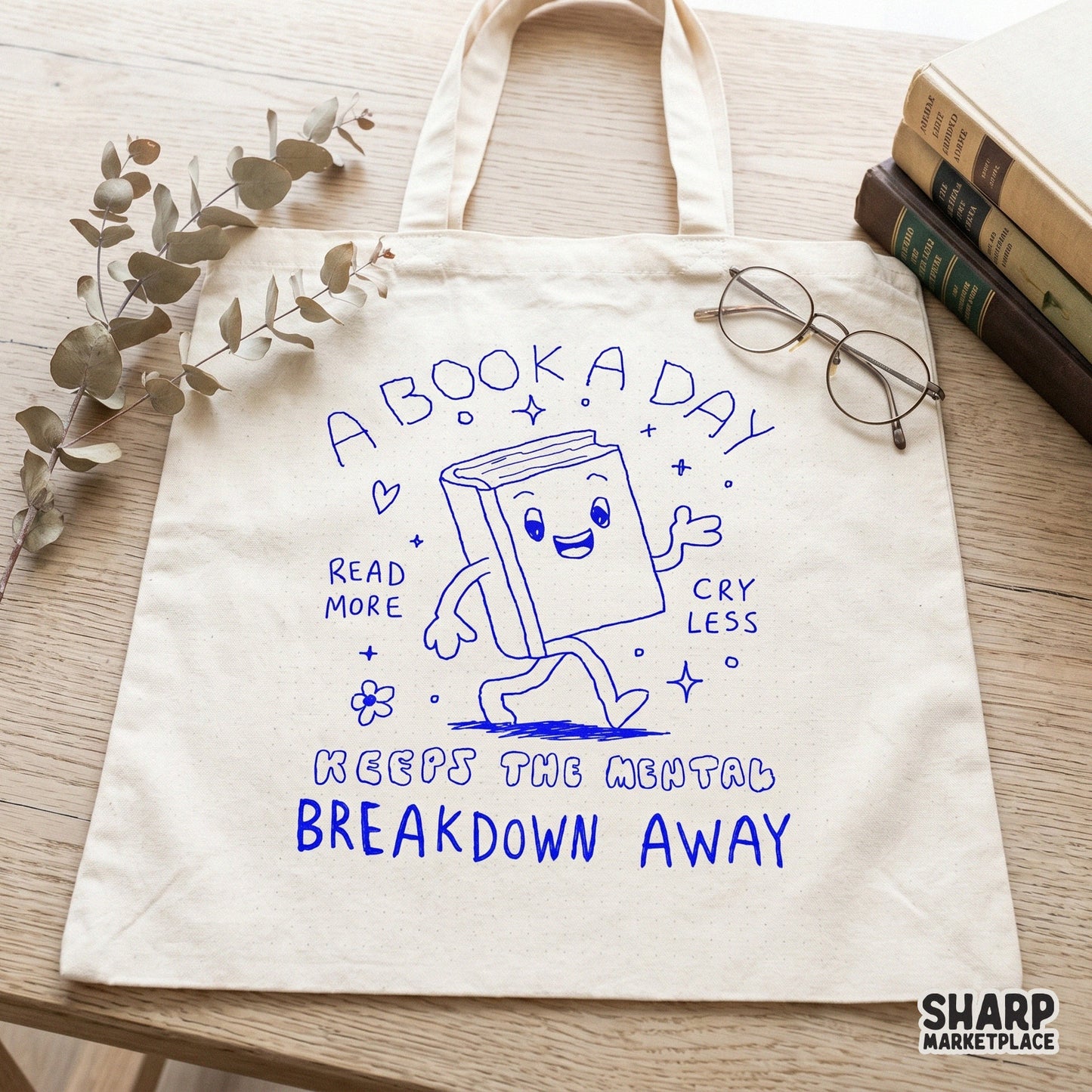 Retro-style blue ink digital design of a happy walking book character with stars and flowers, perfect for sublimation, stickers, and apparel.