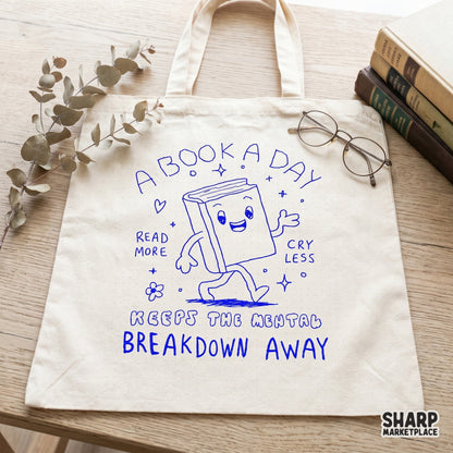 Retro-style blue ink digital design of a happy walking book character with stars and flowers, perfect for sublimation, stickers, and apparel.