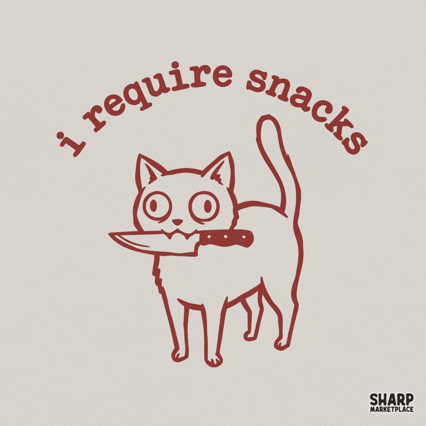 Minimalist line art of a wide-eyed cat holding a knife in its mouth with the arched text I require snacks in a rustic brick red color for DIY projects.