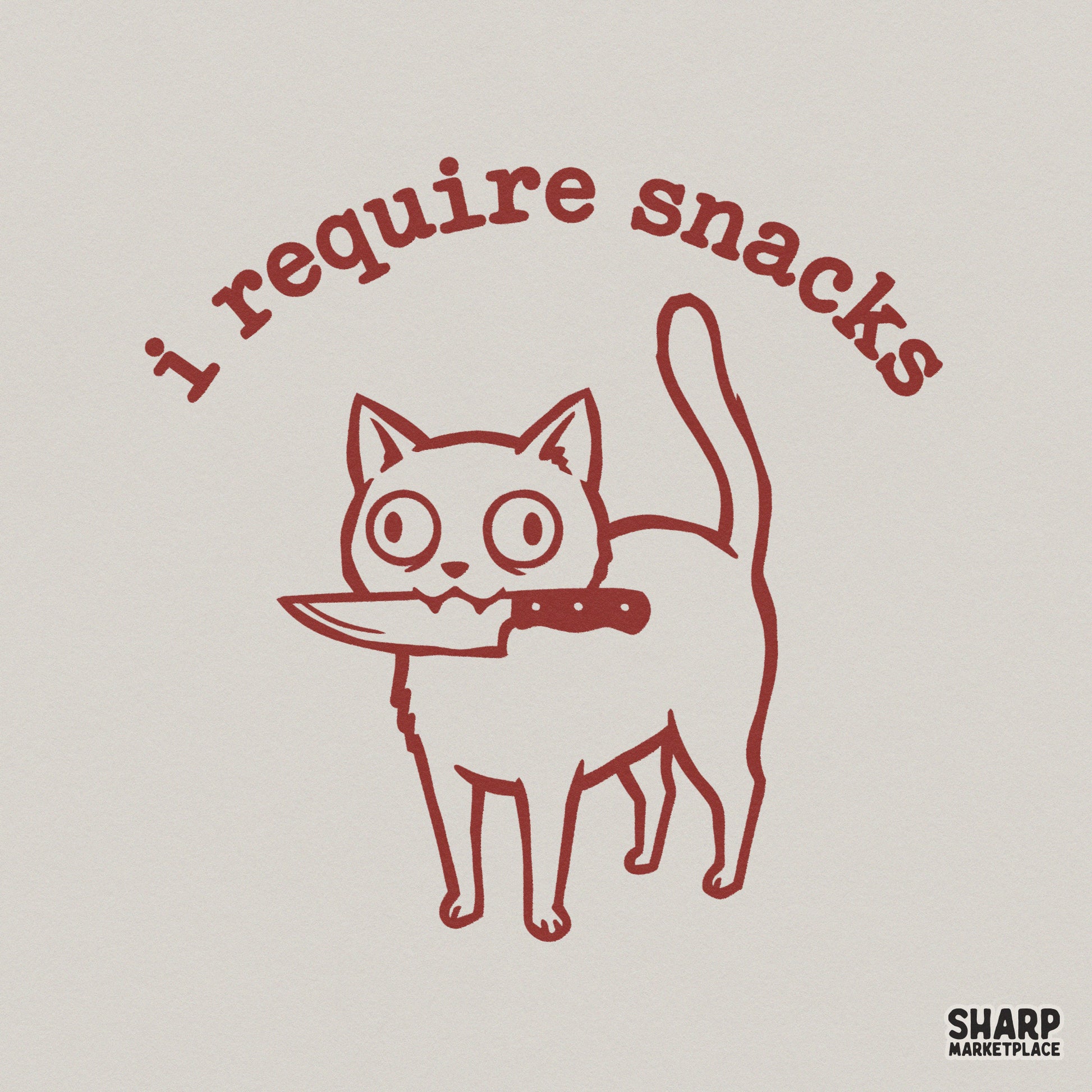 Minimalist line art of a wide-eyed cat holding a knife in its mouth with the arched text I require snacks in a rustic brick red color for DIY projects.