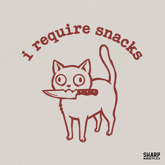 Minimalist line art of a wide-eyed cat holding a knife in its mouth with the arched text I require snacks in a rustic brick red color for DIY projects.