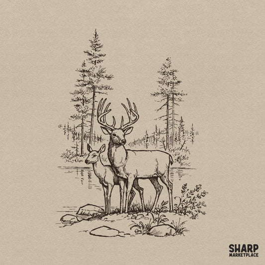 Vintage buck and doe deer nature sketch graphic for retro hunting sublimation designs and outdoor wildlife apparel